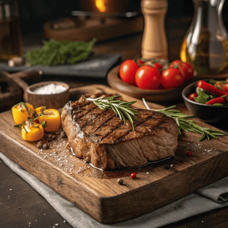 A mouthwatering air fryer beef steak with a golden crust, garnished with fresh herbs on a rustic wooden board, surrounded by vibrant, keto-friendly vegetables in a warm, cinematic kitchen setting.