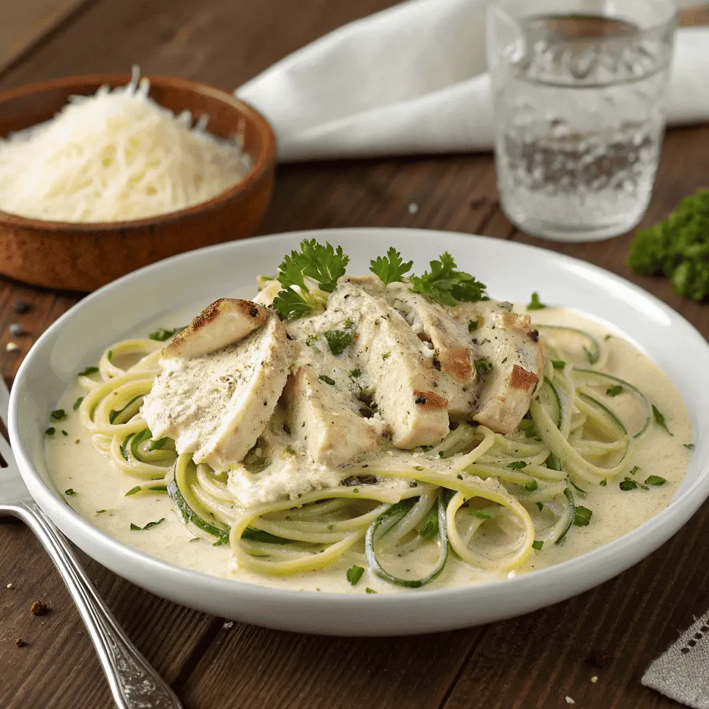 A keto-friendly dish featuring creamy chicken Alfredo with zucchini noodles, garnished with fresh parsley, served on a rustic wooden table.