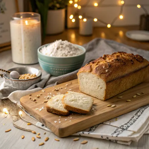 A rustic kitchen scene with Best Keto Bread Recipe – No Kneading Required a freshly baked loaf of keto bread on a wooden cutting board, surrounded by almond flour, coconut flour, psyllium husk, eggs, and a small jar of olive oil. A warm light streams through the window, creating a cozy and inviting atmosphere.