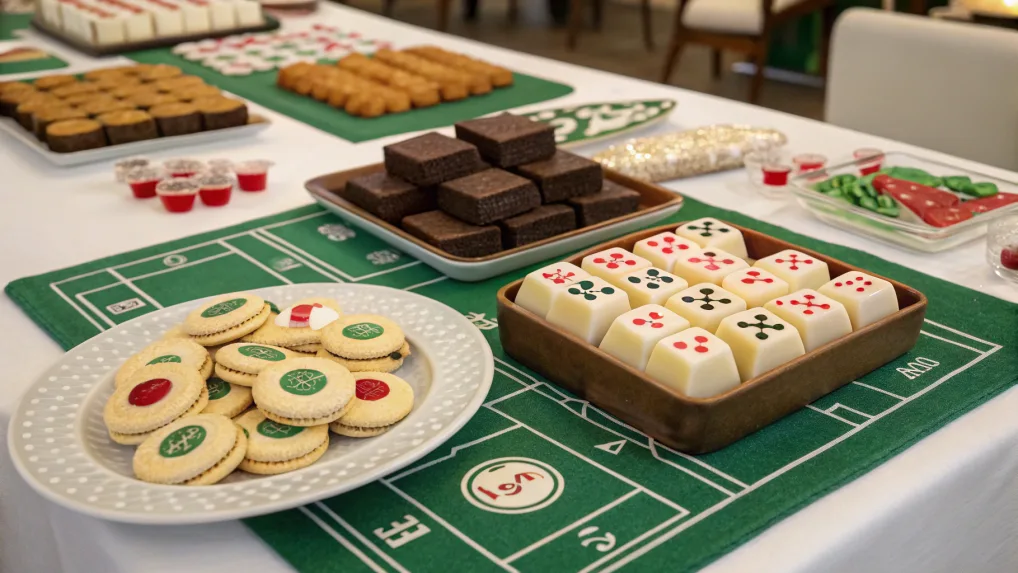 A festive Mahjong-themed dessert table featuring an assortment of sweet treats, including Mahjong tile-shaped cookies, 