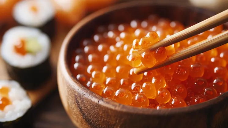 fresh salmon eggs (ikura) in a wooden bowl, with chopsticks lifting a few pearls