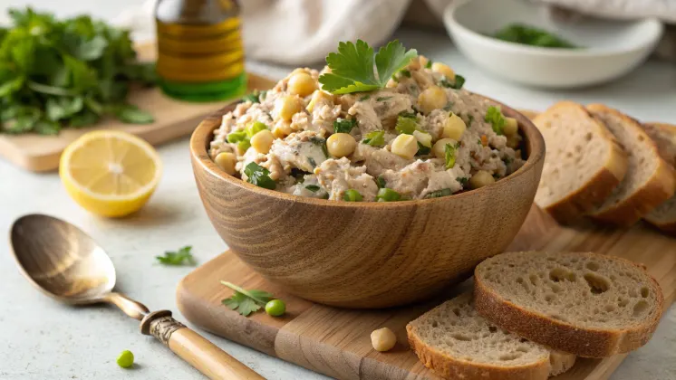 A bowl of vegan tuna salad made with chickpeas and nori, served with whole-grain bread in a cozy kitchen.